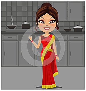 Indian woman in kitchen making food wearing a traditional saree outfit - Vector