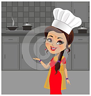 Indian woman in kitchen making food wearing a traditional saree outfit - Vector