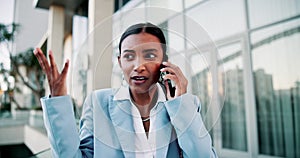 Indian woman, outdoor and stress with phone call as lawyer on conversation with client and worried. Street, legal