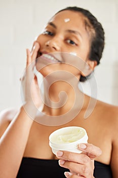 Indian woman, portrait and skincare product for healthy facial or application for mask, lotion or eczema. Female person