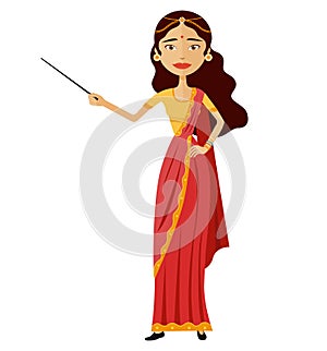 Indian woman presents something with a pointer tutor character vector flat cartoon illustration