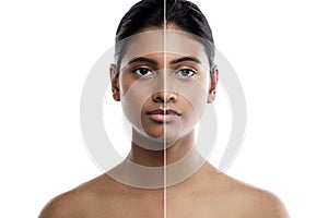 Indian woman and result of skin whitening treatment photo