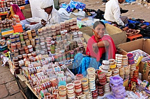 Indian woman selling bangels at Sadar Market, Jodhpur, India