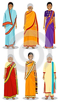 Indian woman. Set of different standing old, adult and young women in the traditional national clothing isolated on