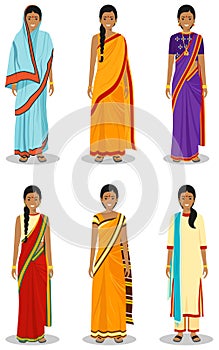 Indian woman. Set of different standing young adult women in the traditional national clothing isolated on white