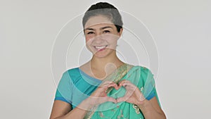 Indian Woman showing Heart Shape by Hands, White Background