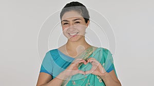 Indian Woman showing Heart Shape by Hands, White Background