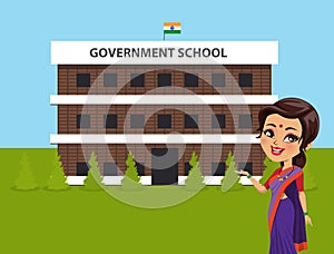 An Indian woman teacher wearing a saree is standing in front of a government school building - Vector