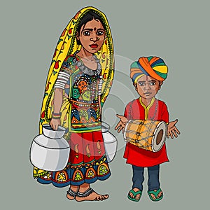 Indian woman with water pots and boy playing tabla