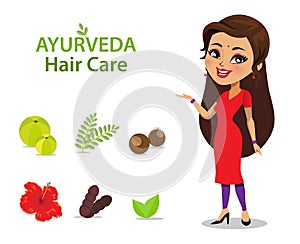 An Indian woman wearing a salwar kameez has long and strong thick hair because of ayurvedic care using natural ingredients/ herbs photo