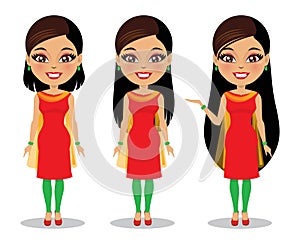 An Indian woman wearing a salwar kameez shown three times with growing hair - Vector