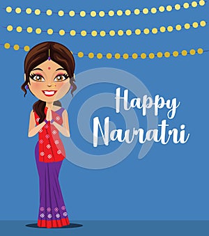 Indian woman wearing a saree worn in the state of Gujarat and ready to celebrate the festival of navratri - Vector