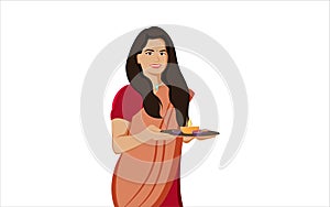 Indian women with arti thali character illustration on white background