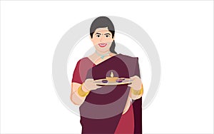 Indian women with arti thali character illustration on white background photo