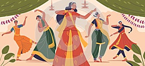 Indian Women Dance With Graceful Movements, Expressive Gestures, And Vibrant Costumes. Bharatanatyam Or Kathak photo