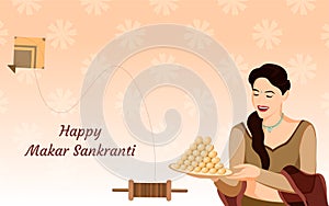 Indian women with thali of laddoo sweet on simple hand drawn pattern design background with Charkhi and Patang. Vector