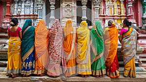 Indian women in vibrant saris stand outside an ornate temple, showcasing cultural fashion