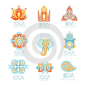 Indian Yoga Studio Set Of Colorful Promo Sign Design Templates With Mandalas And Stylized Famous Spiritual Indian