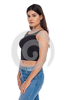 Indian you girl with camisole and jeans hot pant with elegant pose and expression