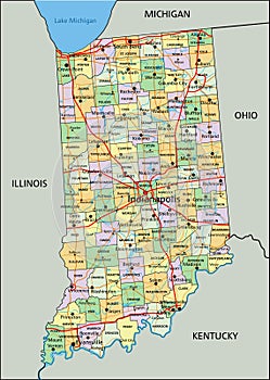 Indiana - detailed editable political map with labeling.