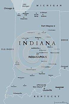 Indiana, IN, gray political map, US state, The Hoosier State photo