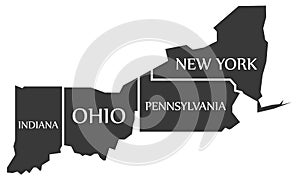 Indiana - Ohio - Pennsylvania - New York Map labelled black