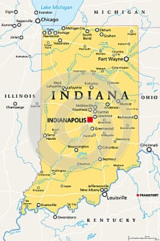 Indiana, IN, political map, US state, nicknamed The Hoosier State