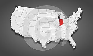 Indiana State Highlighted on the United States of America 3D map. 3D Illustration