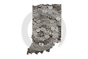 Indiana State Map Outline with Crumpled United States Dollars, Government Waste of Money Concept