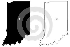 Indiana IN state Maps USA with Capital City Star at Indianapolis. Black silhouette and outline isolated on a white background. EPS