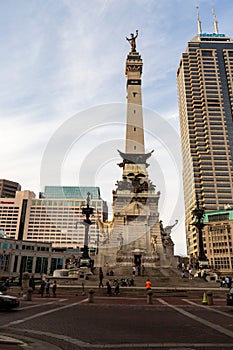 The Indiana State Soldiers and Sailors Monument monument on Monument Circle in Indianapolis, IN