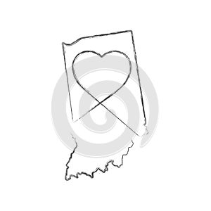 Indiana US state hand drawn pencil sketch outline map with the handwritten heart shape. Vector illustration