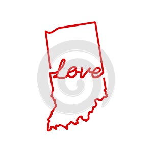 Indiana US state red outline map with the handwritten LOVE word. Vector illustration