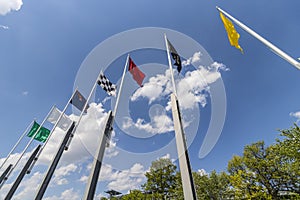 Indianapolis - Circa May 2017: The seven racing flags at Indianapolis Motor Speedway. IMS Prepares for the Indy 500 V