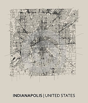 Indianapolis (Indiana, United States) street map outline for poster.