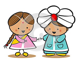 Indians In National Dress. A Boy And A Girl In Traditional Costume. Doodle Cartoon characters.