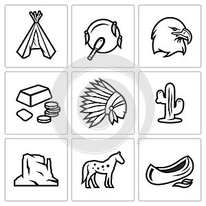 Indians Wild West icons set. Vector Illustration.