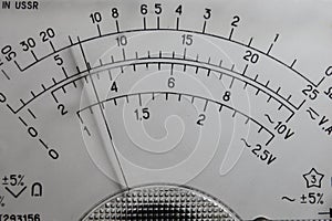 Indicator panel of the analog multimeter. Divider scale of an analog measuring instrument.