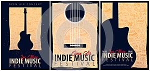 Indie Music Festival. Open Air. Set of Flyers design Template with hand-draw doodle on the background.