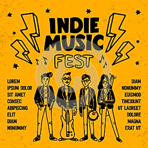 Indie music festival poster or flyer template. Illustration of musicians and and indie rock fest inscription on yellow