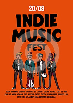 Indie music festival poster or flyer template. Illustration of musicians and and indie rock fest inscription on yellow