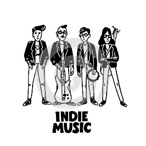 Indie rock music band. Black and white illustration of musicians wearing leather jackets. Template for card, poster photo