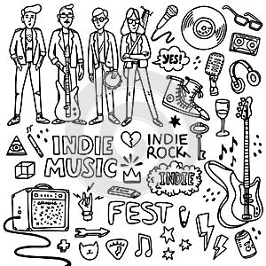 Indie rock music set. Black and white illustration of musicians and related objects such as guitar, sound amplifier photo