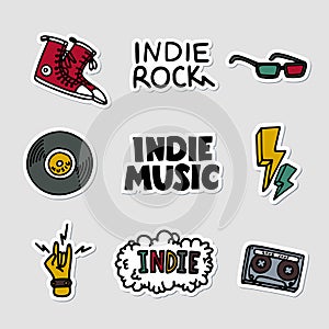 Indie rock music sticker set. Illustration of music related objects and inscriptions. Template for t-shirt print, pin photo