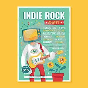 Indie Rock Party Flyer Template with Surrealistic Man and Guitar photo