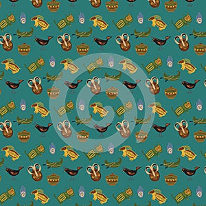 Indigenous african pattern with tribal had draw elements on green background, used for background, wallpater, fabric pattern,