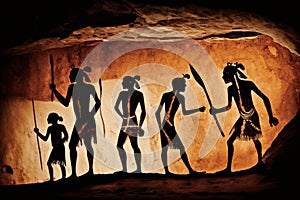 Indigenous Australian cave art depicting tribesmen on their way to the hunt