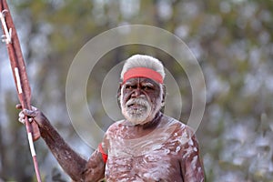 Indigenous Australians aboriginal man dancing a cultural ceremony dance