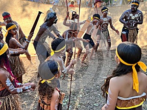 Indigenous Australians people on ceremonial dance in Laura Quinkan Dance Festival Cape York Australia