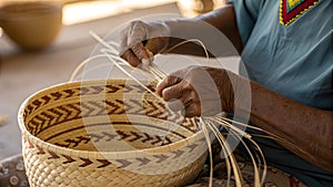 Indigenous hands weaving a patterned basket traditional